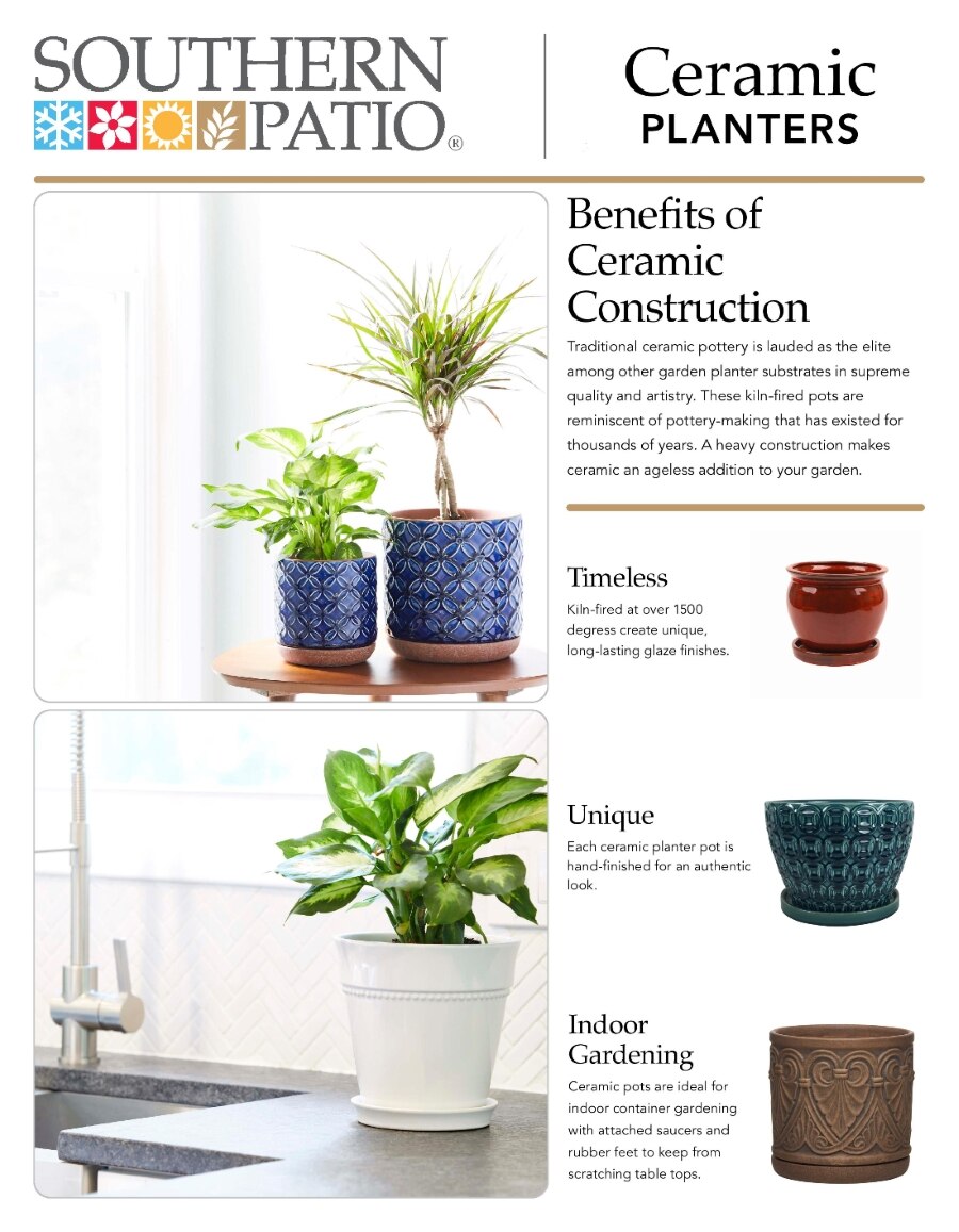 Chart shows benefits and features of ceramic planters